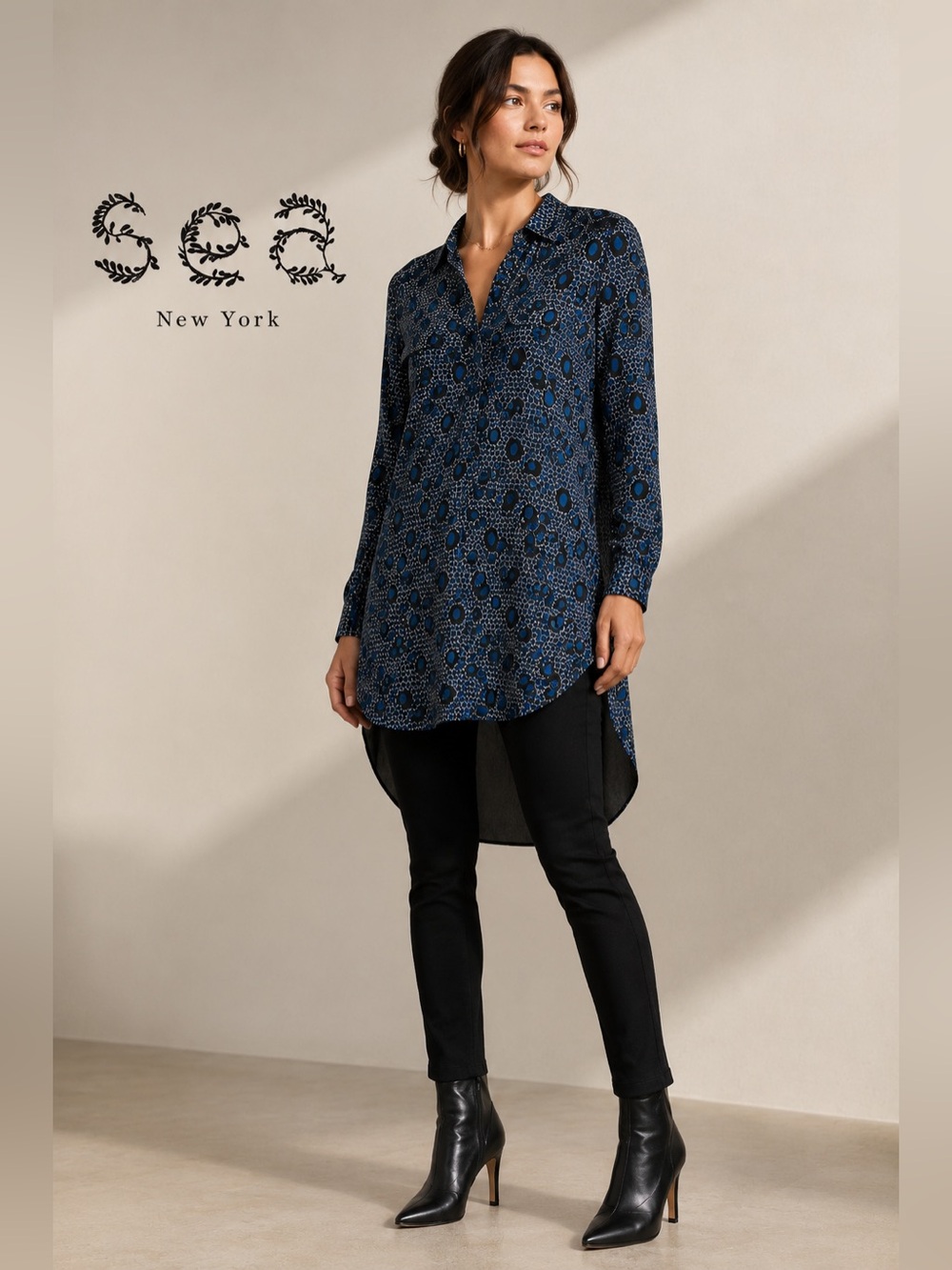 Sea New York Blue & Black Abstract Animal Print Silk Blend Tunic Dress 6 C7